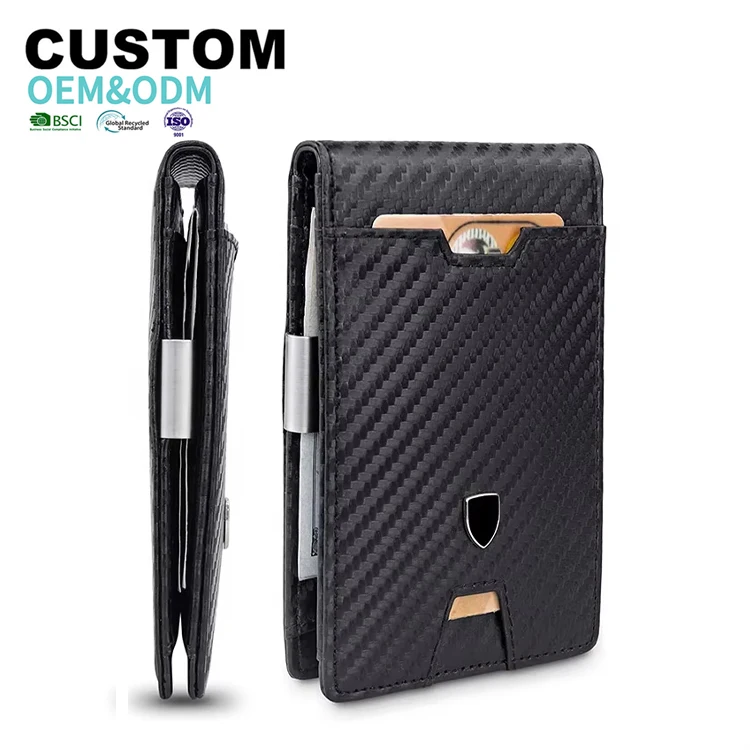 Factory Wholesale Slim Bifold Metal Money Clip Wallet RFID Blocking Carbon Fiber Leather Card Holder Wallet For Man