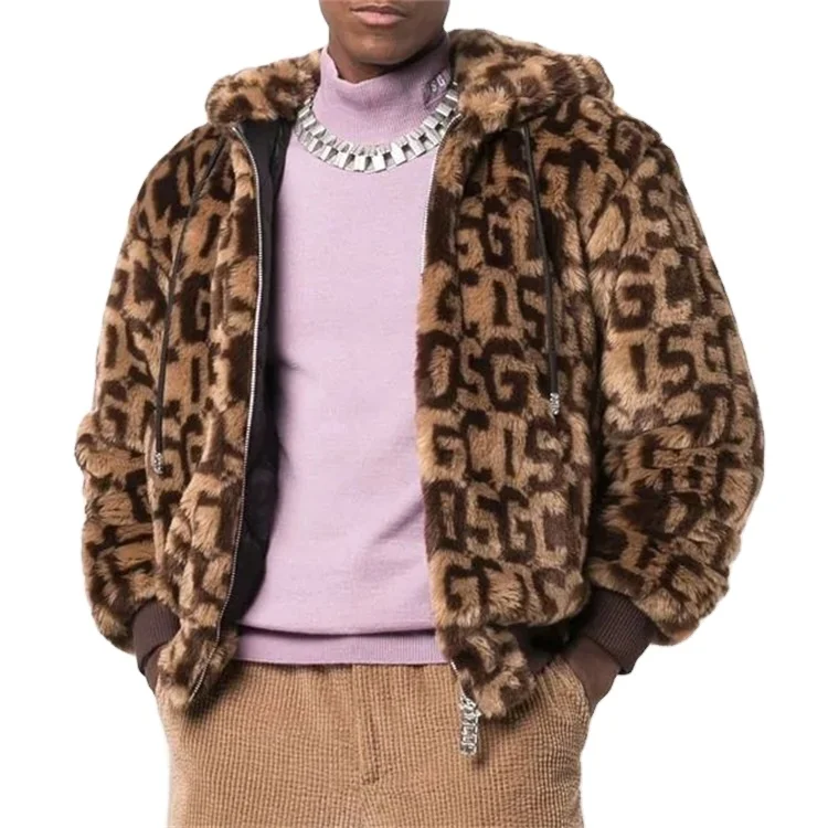 OEM custom leather embroidered high quality classic logo printed faux fur bomber jacket for men