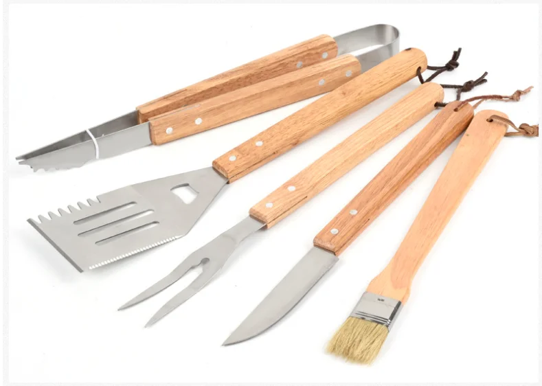 Kit Barbecue tool Wooden bamboo handle 5 stainless steel barbecue tool sets with wooden box