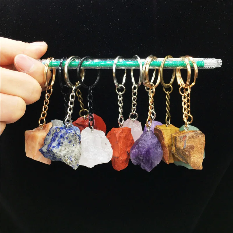 Wholesale Natural Real Rough Raw Rose Quartz Gemstone key chains Crystals Healing Stones KeyChain For Gift