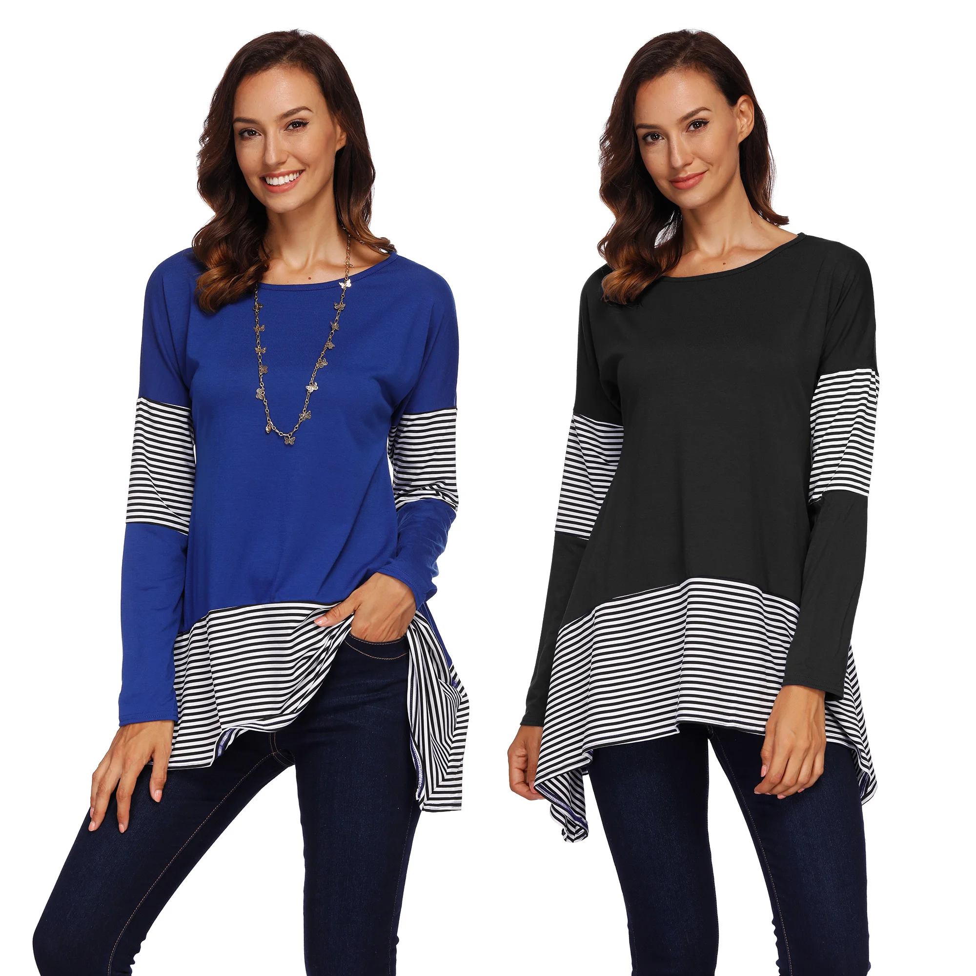 Fall Ladies Fashion Striped Patchwork Women Casual Loose Blouse Tops Long Sleeve T shirt