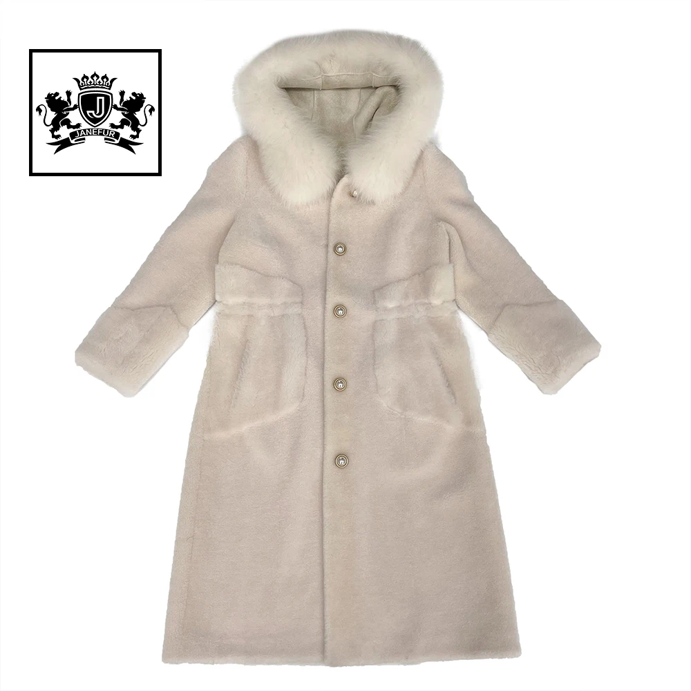 White Pearl Button Lamb Fur Coat Girls Winter Hooded Long Shearing Coat