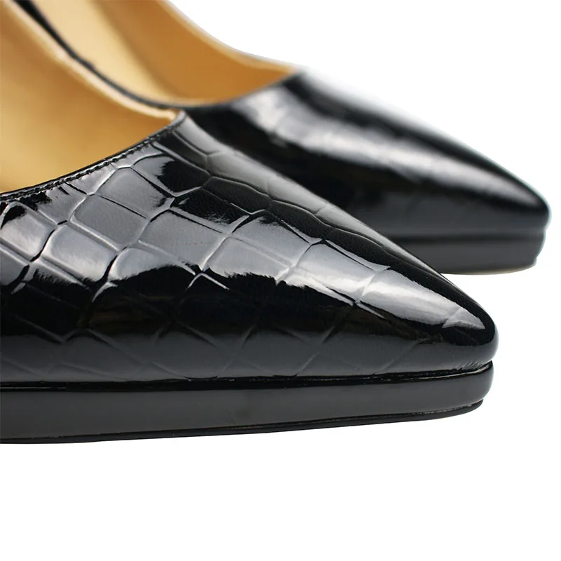 Women Pearl Buckle Genuine Leather Stiletto Heels Black Sheepskin Insole Embossed Patent Cow Leather Fabric Pointed Toe Pumps