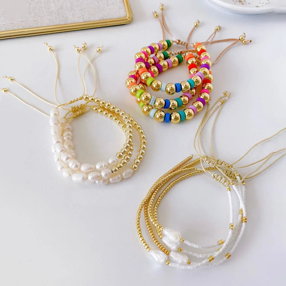 B4347 18k gold plated copper beads pearl bracelet pull strand fashion adjustable bracelet jewelry