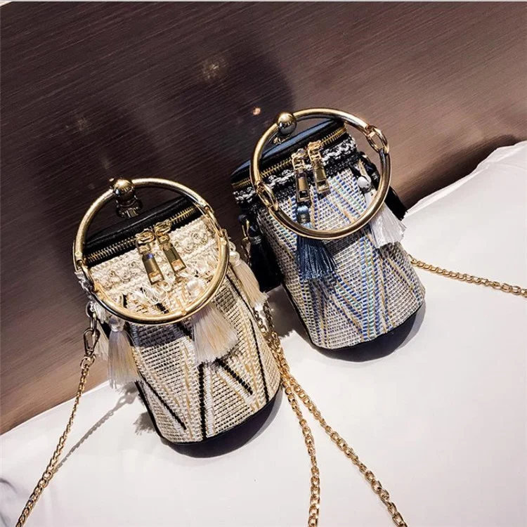 New tassel straw woven bag Korean casual chain bucket bag ethnic style one-shoulder bag