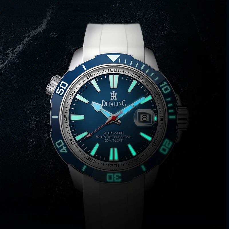 DITALING Stainless Steel Men Wrist Watch Diver Waterproof Rubber Strap Automatic Watches