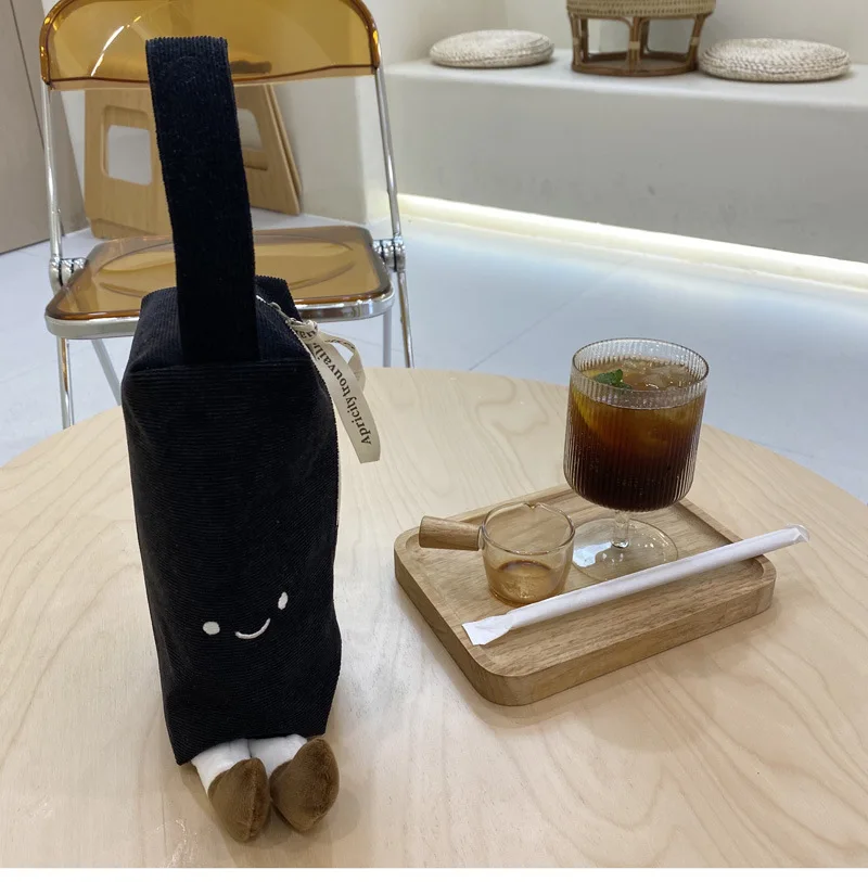 Soft Cute Embroidered Corduroy Hand Carry Small Canvas Pencil Bag Three-Dimensional  Foot Cosmetic Bag Portable Hand Bag