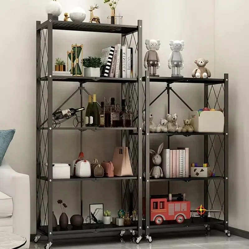 Household 3 4 5-Tier Foldable Storage Shelves Folding Holders Stand Metal Bookshelf With Wheels