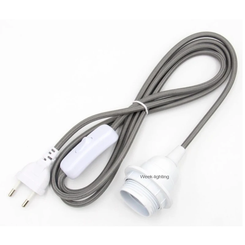 Vintage Hanging Light Cord Euro Power Cords With Inline Switch 2 Meters Fabric Covered Cable E27 Threaded Bulb Lamp Holder