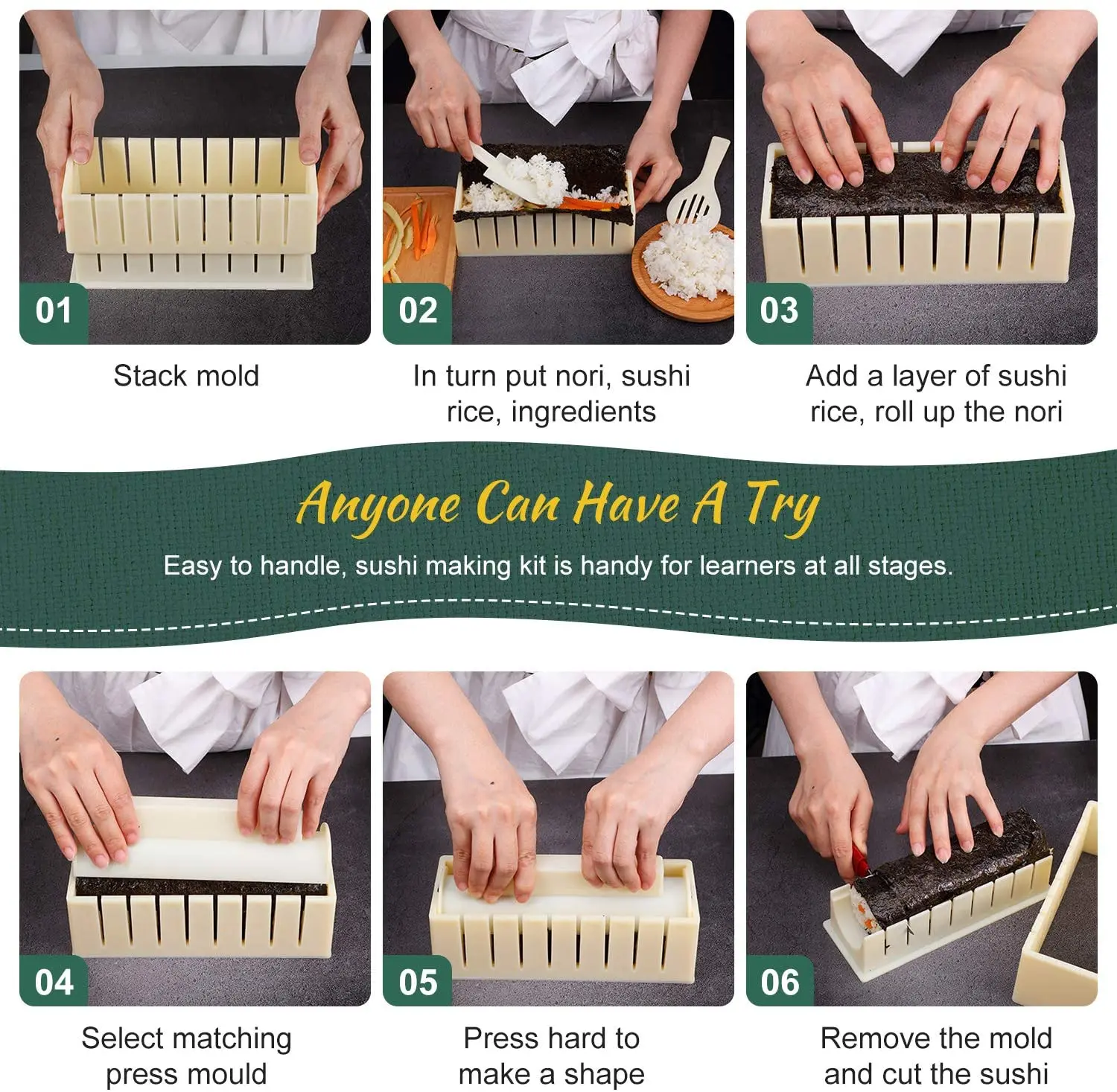 10 Pieces Sushi Making Set Plastic Sushi Maker Sushi Rice Roll Mold Shapes White DIY Homemade