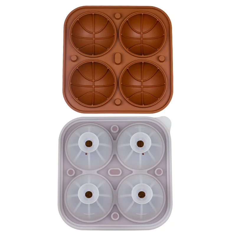 2023 New 3d Basketball Shape Leakproof 4 Cavity Round Ice Ball Maker Silicone Ice Cube Tray