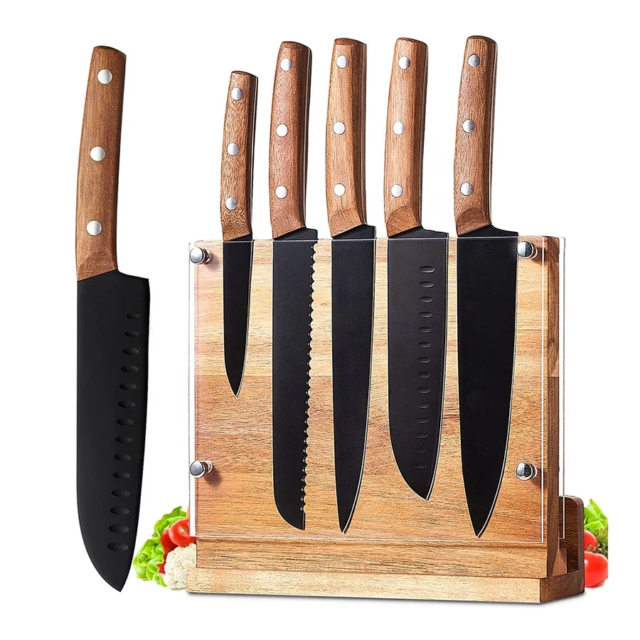 High quality black coated blade 3 rivets wooden handle knife set kitchen with block