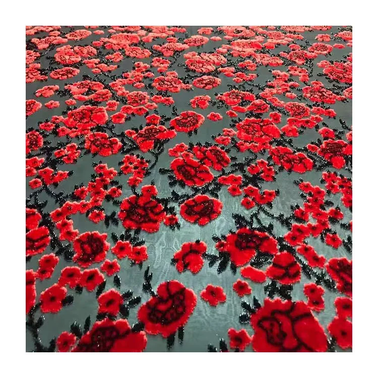 
 Оптовая продажа, Высококачественная шелковая Вельветовая ткань для платья с большими красными цветами  