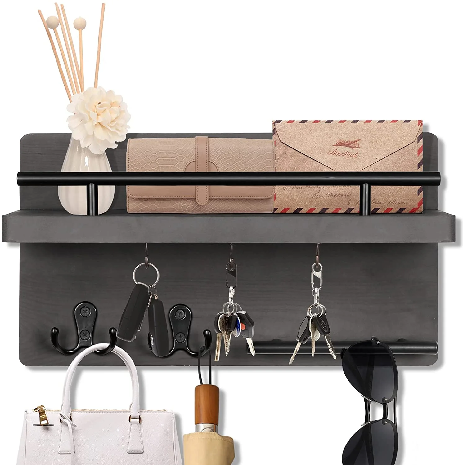 Rustic Wall Mounted Key Rack Wooden Mail Holder Key Holder Rack with 4 Double Key Hooks for Home Decor