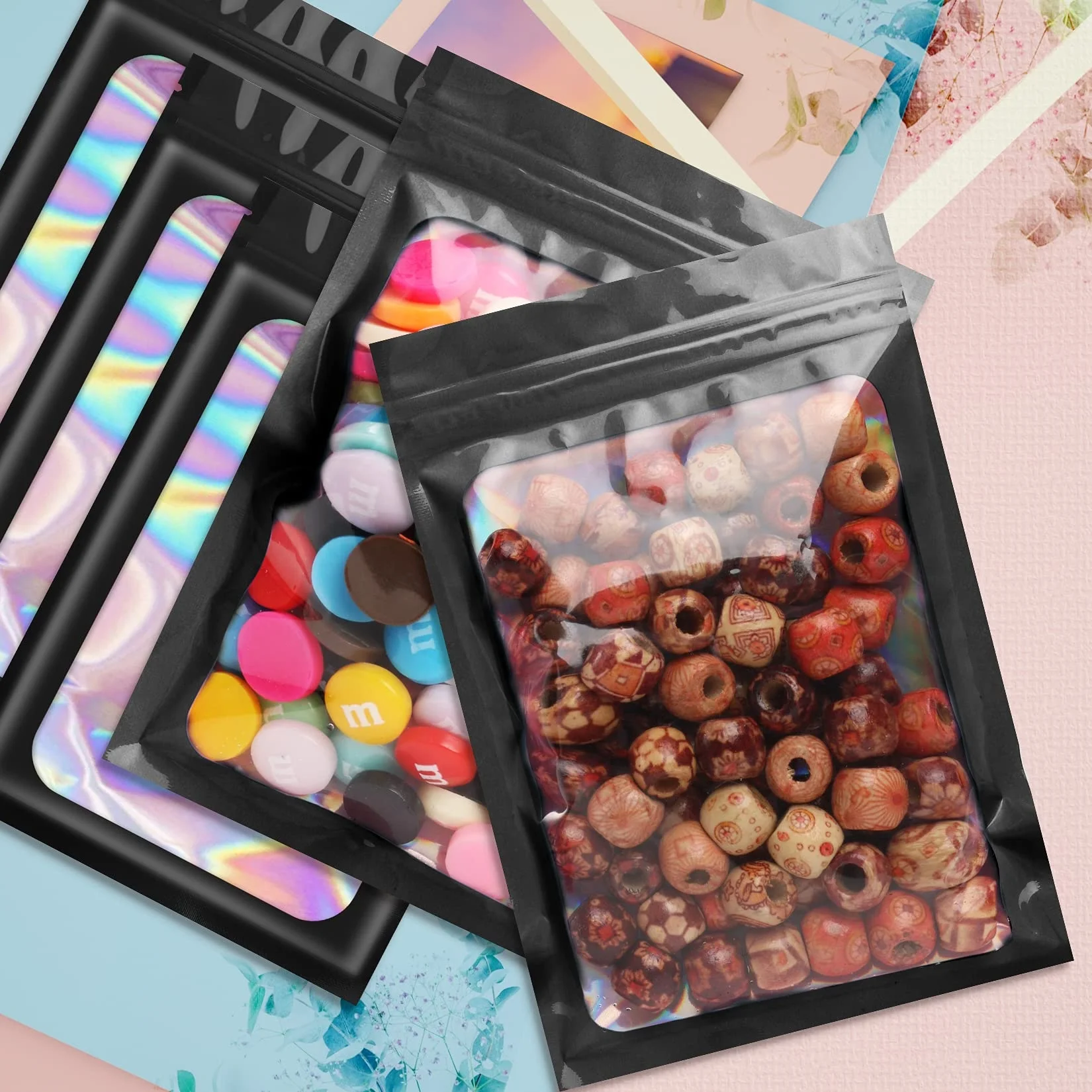 100 pcs Black Mylar Holographic Bags Packaging Bags Clear Resealable Smell Proof Bags