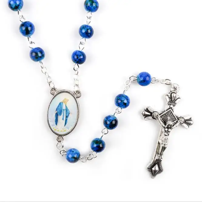 Blue Glass 6mm Rosary Necklace Virgin Mary Jesus Cross Pendant Necklace