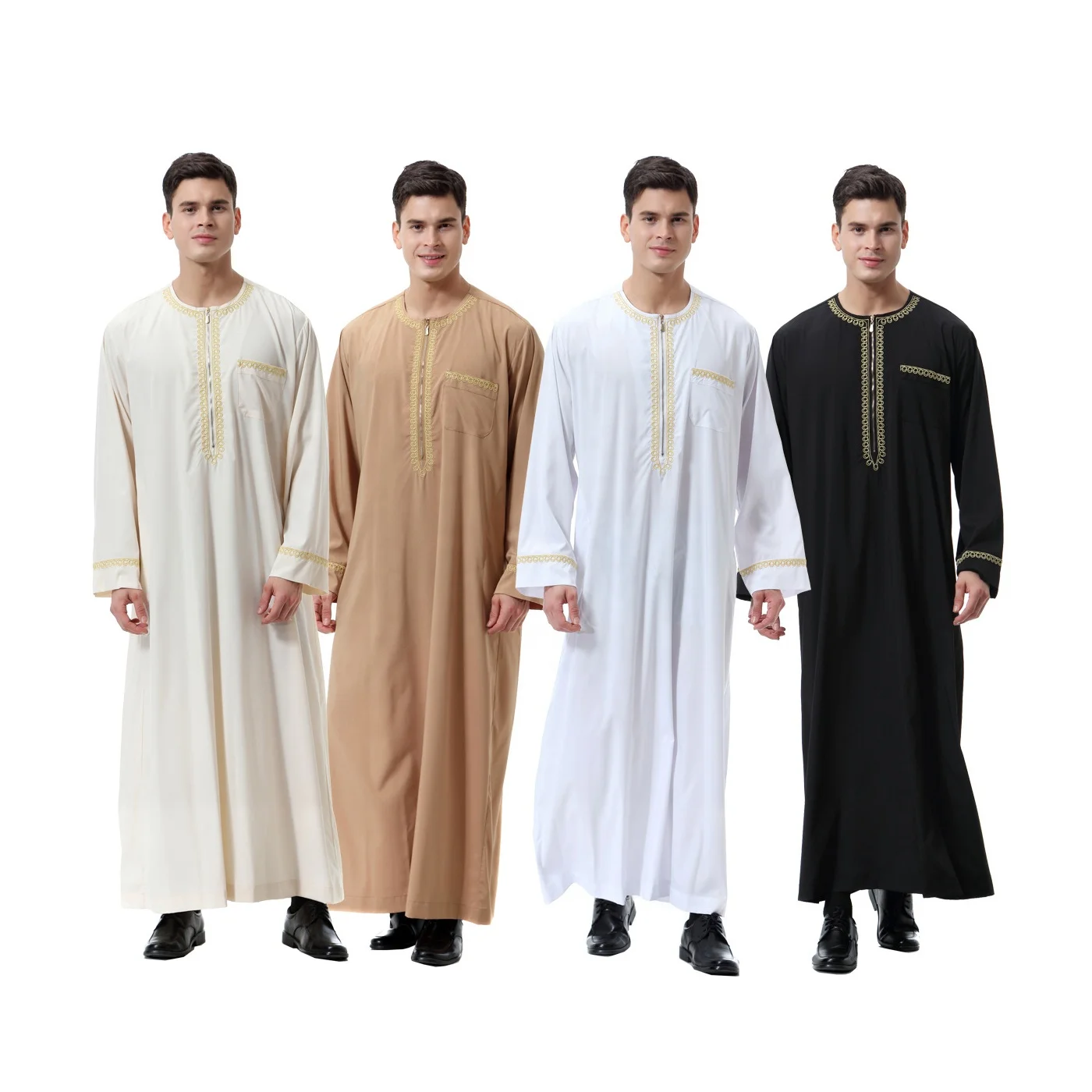 Wholesale Custom Embroidery Muslim Jubba Thobe for Men Long Sleeves Round Neck Dubai Mens Kaftan