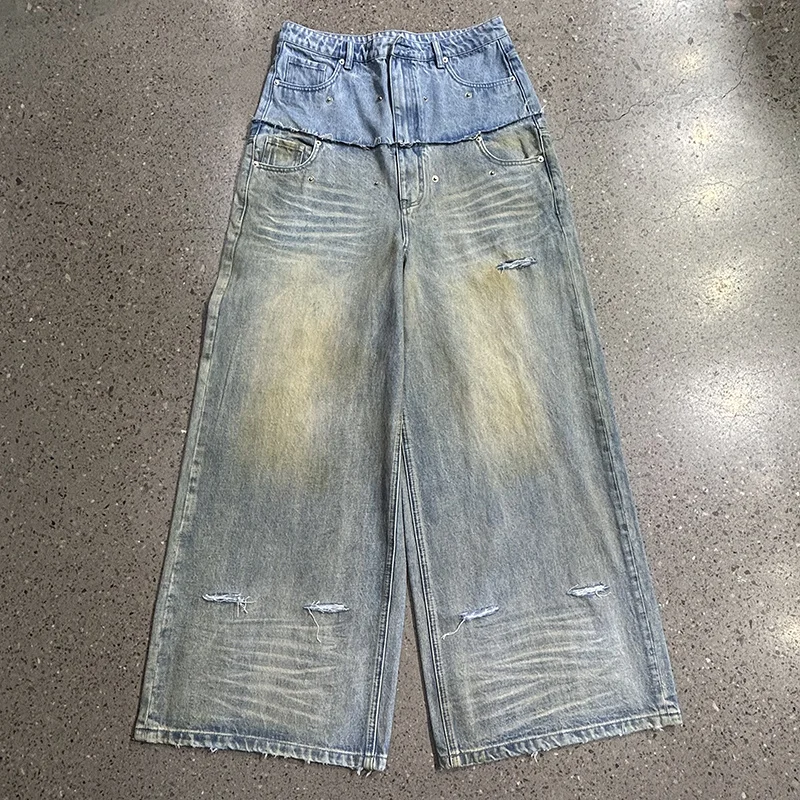 Manufacturer Acid Wash Vintage Wide Leg Jeans Oversized Distressed Baggy Denim Pants Custom Double Waist Flared Jeans for Men