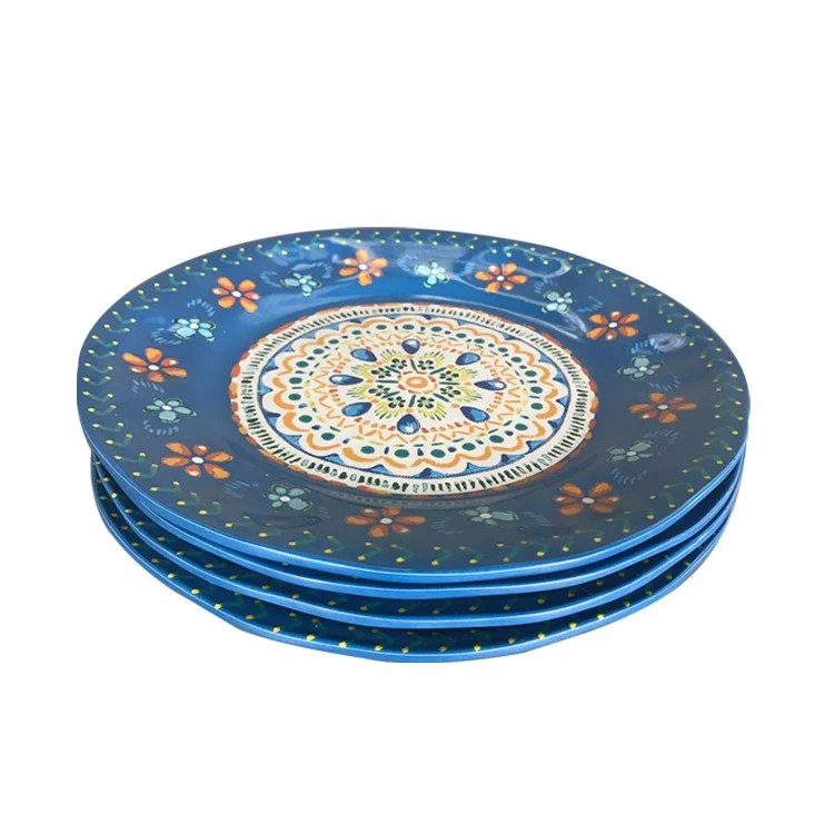 Top grade blue color with flower full print 100% melamine plate for dinner