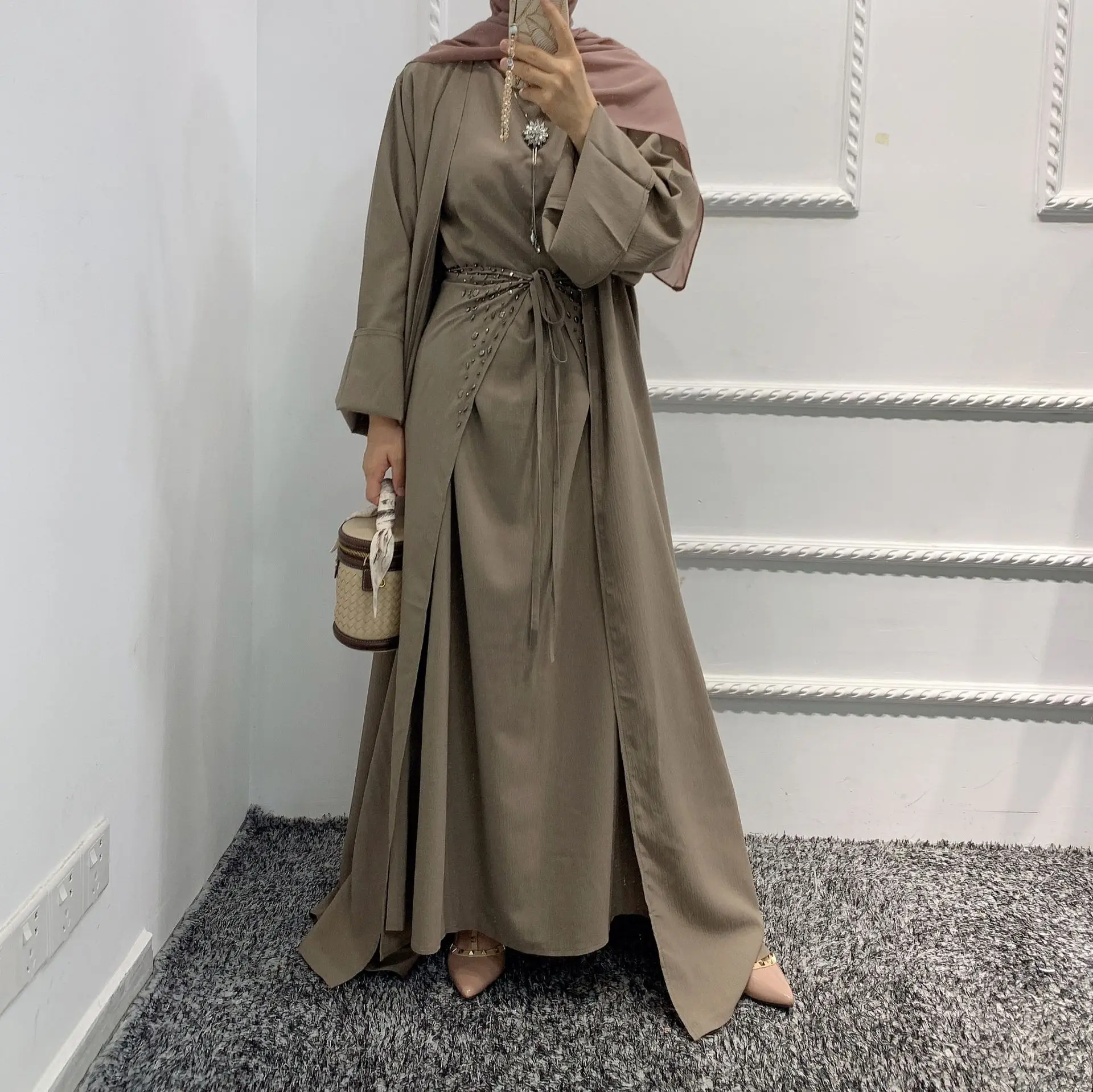 2022 New Women Fashion Muslim Suit 3 Piece Set with Long Sleeve Dress Wrap Skirt Kimono Open Robe with Rhinestones