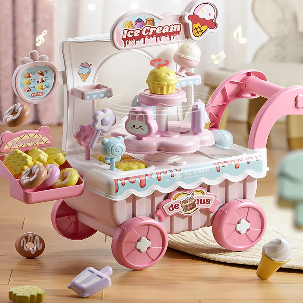 XST Children Pretend Play Toys Sound & Light Rotating Ice Cream Cart Trolley Toys Gifts Electric Music Ice Cream Cart Toys