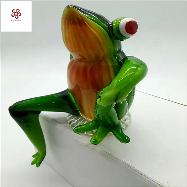 Hand Blown Funny Murano Glass Craft Figurine Green Frog