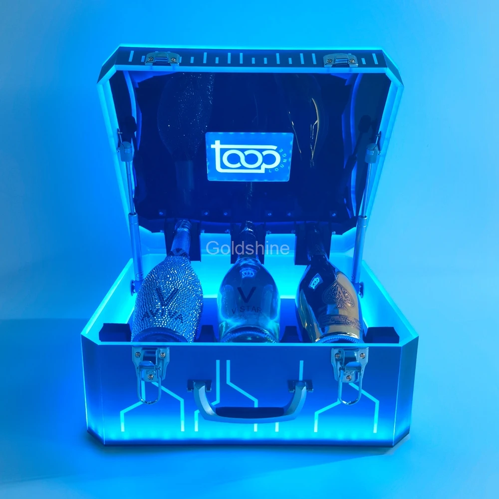 Custom Logo 3 Bottles Led Bottle Presenter Glorifier Acrylic LED Wine Display Box Suitcase Bottle Carrier Case for Nightclub Bar