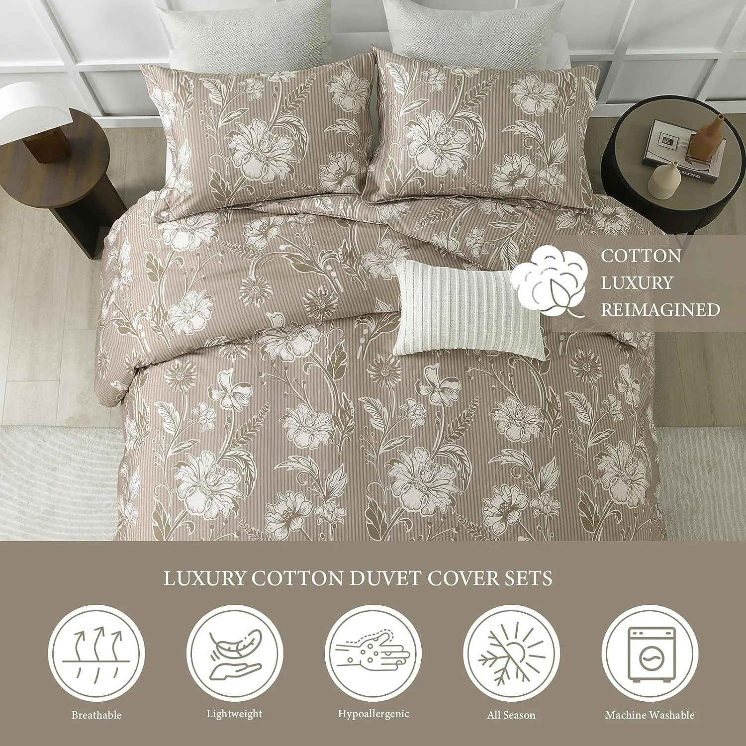 ALPHA TEXTILE Flower Bedding Duvet Cover Queen 100% Cotton Taupe Duvet Cover Set with Zipper