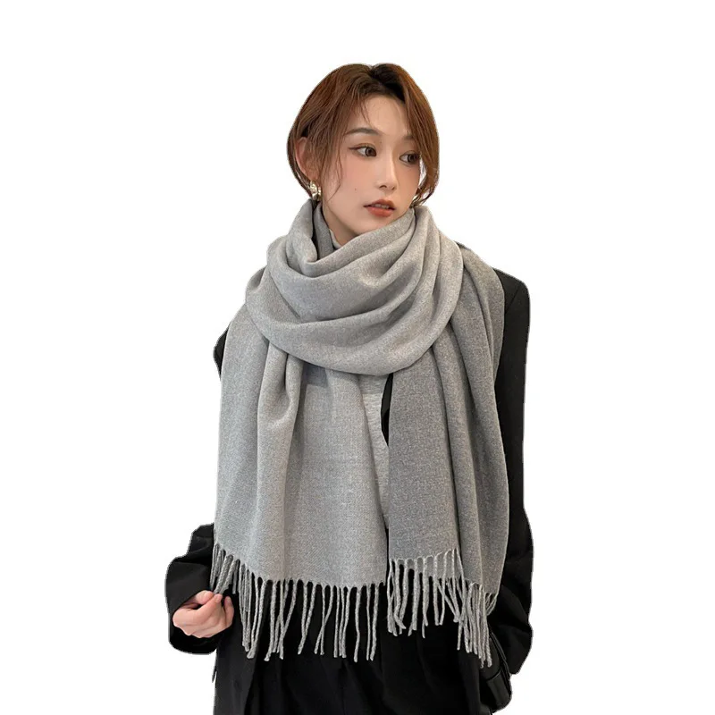 In stock pure color scarf cashmere feeling blanket scarves double-sided warm tassel thick winter shawl for ladies pashmina