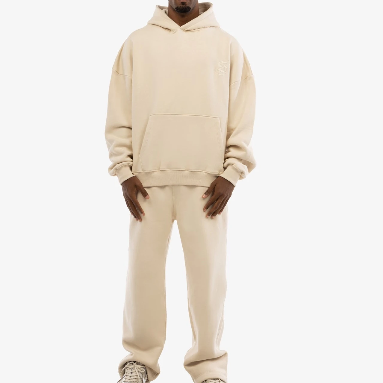 Custom Fall Winter New Design 100% Cotton Super Soft Knit Long Sleeve Men Two Piece Hoodie and Pants Set With Kangaroo Pocket