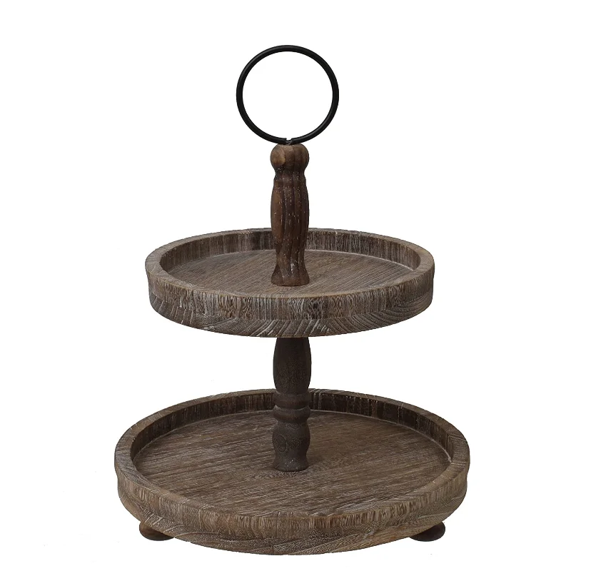 Creative Distressed Black Wood Metal Handle 2 Tier Wooden Tray Cake Stand