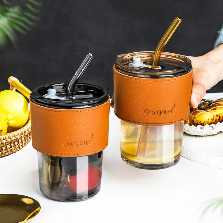 Premium 400 ml Home Outdoor Glass Cola Juice Cold Drink Tumbler Water Bottles with Covers Straw and Leather Sheath