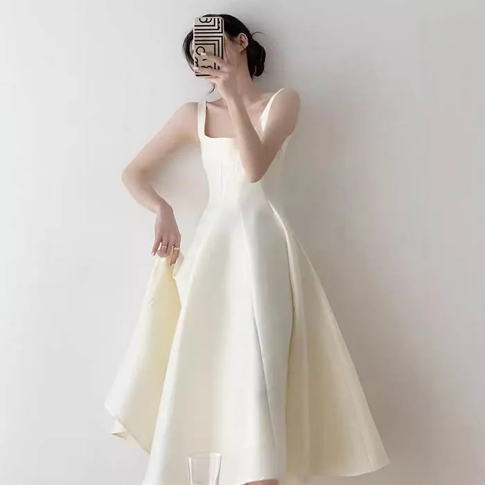 Q719   New 2024 Korean Chic Solid Color Elegant Square  Neck bride Dress Women Party Dresses Clothing 8
