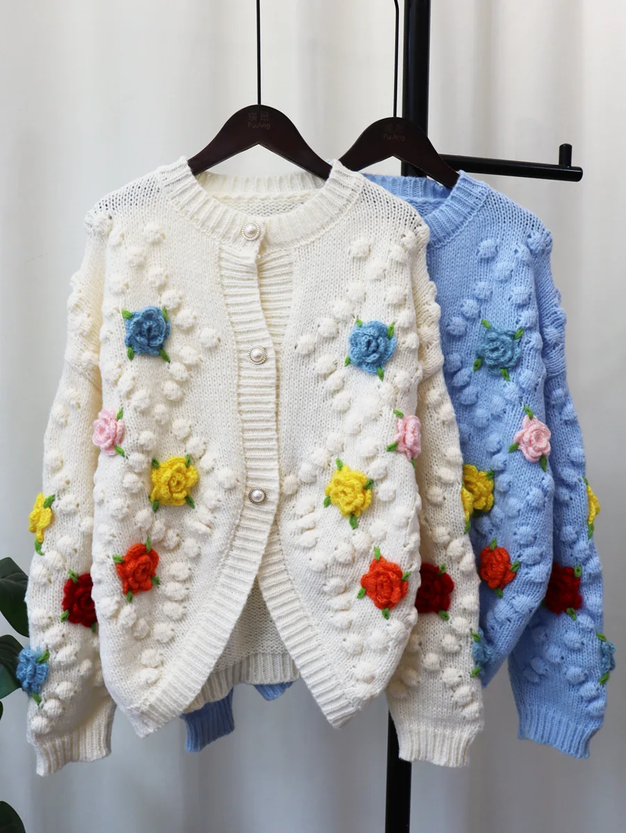 Autumn Winter New Handmade Hooked Flower Knitted Cardigan Sweater Coat Women Design 3d Ball Flower Embroidery Cardigan