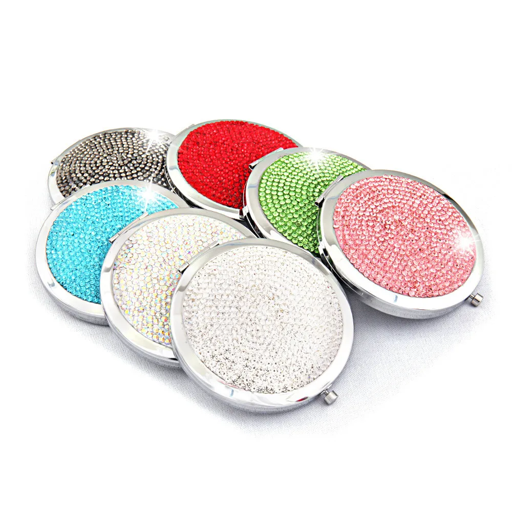 Portable Dual Sided Round Magnified Luxury Metal Vanity Mirror Colorful Diamond Decor Pocket Makeup Mirror