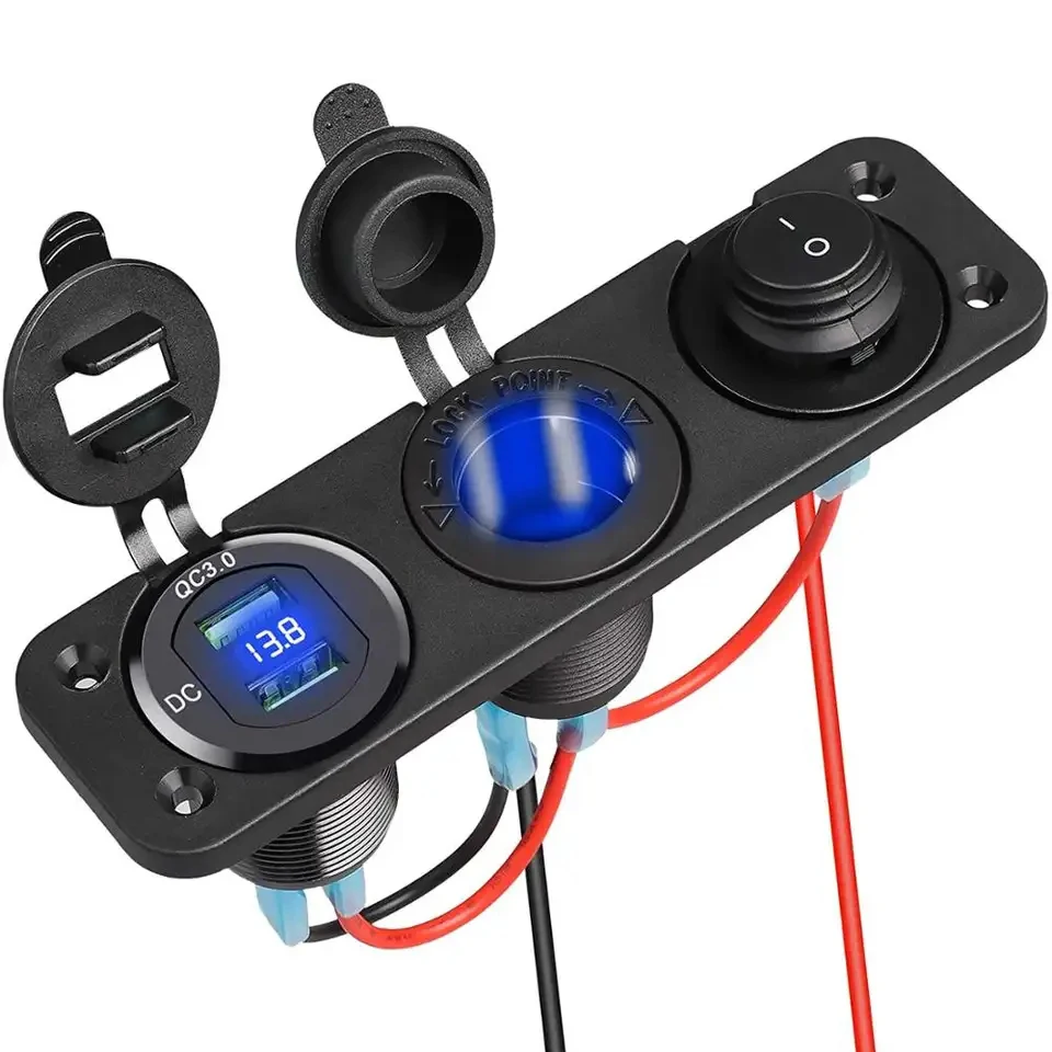 QC 3.0 Dual USB Car Socket + LED Digital Voltmeter+ Cigarette Lighter Socket Splitter + LED Lighted ON Off Rocker switch