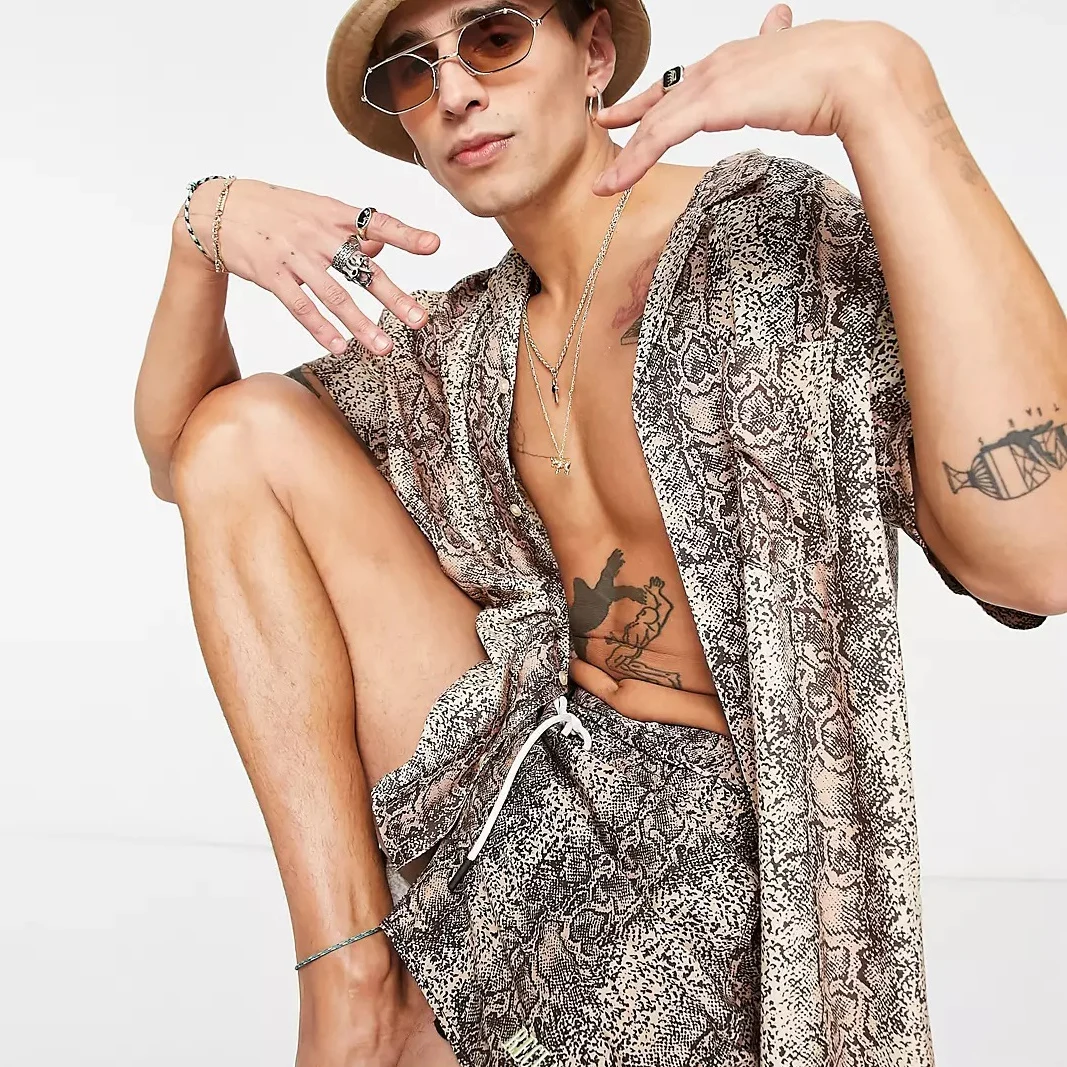 Custom quick dry beach shorts all-over snake print retro mens surf swim trunks summer board shorts