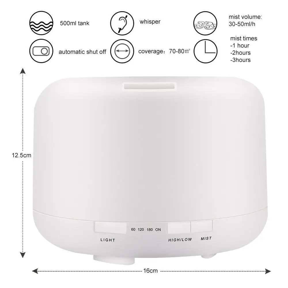 500ml Remote Control Essential Oil Diffuser Air Aroma Humidifier Aromatherapy Machine Timer Setting 7 Color LED Light Auto Off