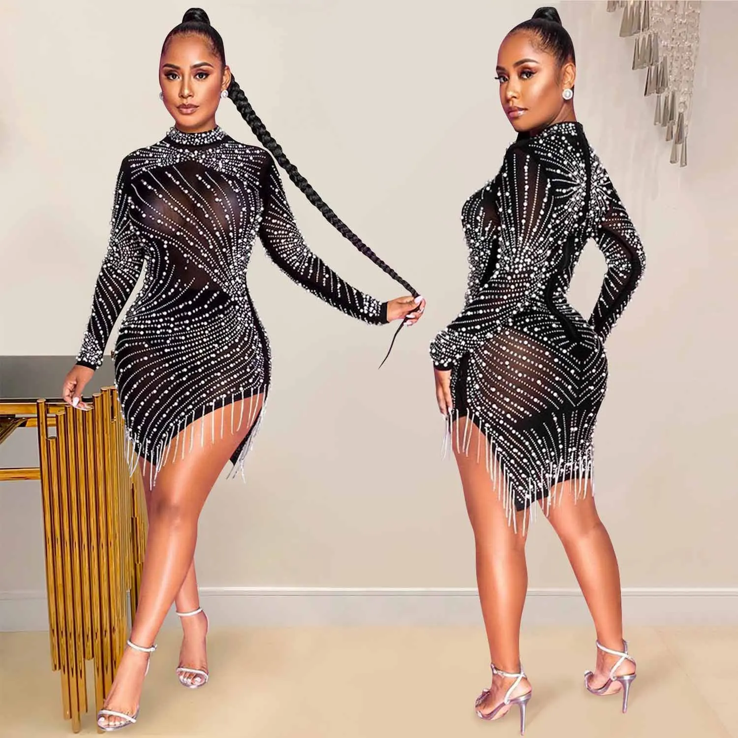 New Sexy Nightclub Net Yarn Perspective Hot Rhinestone Bubble Beads Fringe Round Neck Long Sleeve Dress