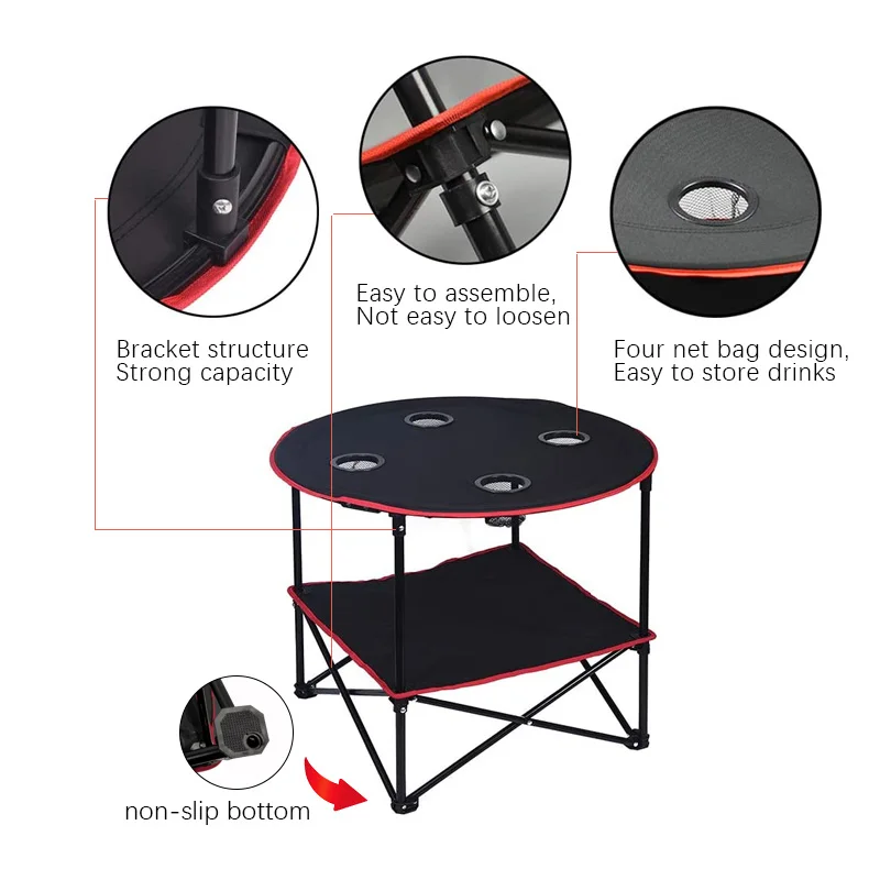 Metal Frame Polyester Folding Camping Table with 4 Mesh Cup Holders