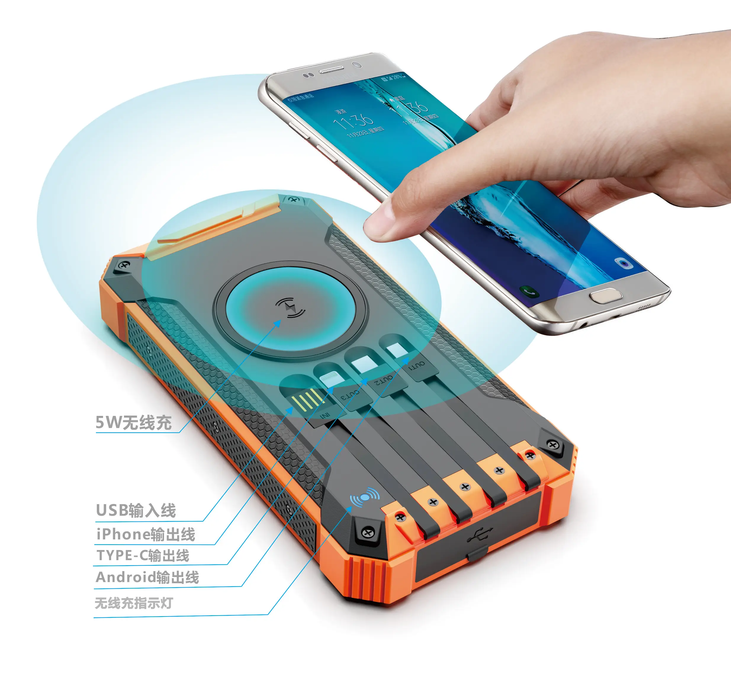 Outdoor 20000mah waterproof portable solar power bank wireless charger LED Flashlight digital display for smart phone