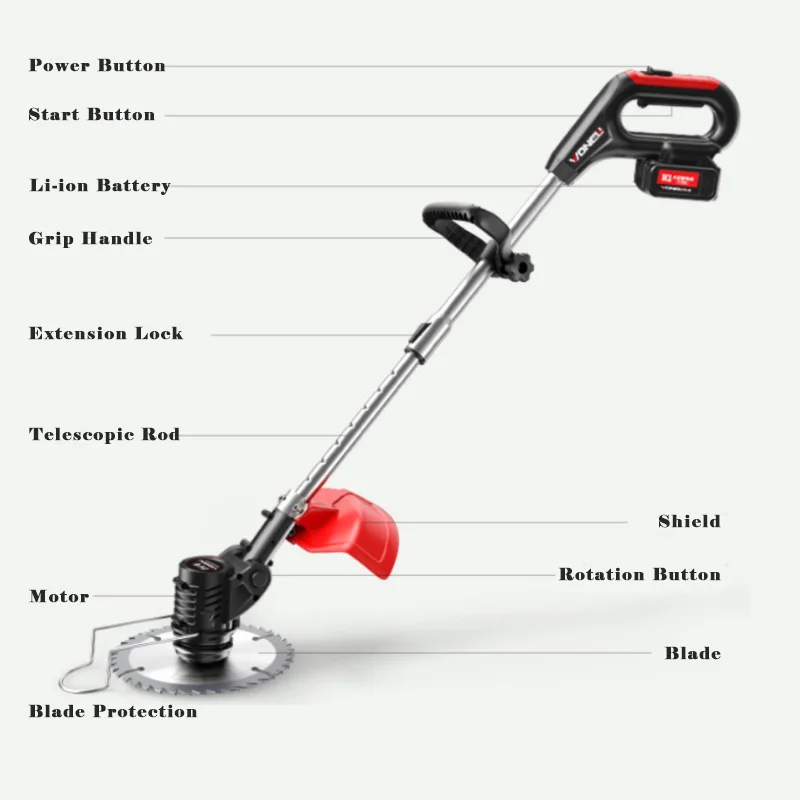 21V 1880W Cordless Handheld Lawn Mower with 90 Degree Rotation Head 30cm Extendable Rod Grass Trimmer For Garden Farm