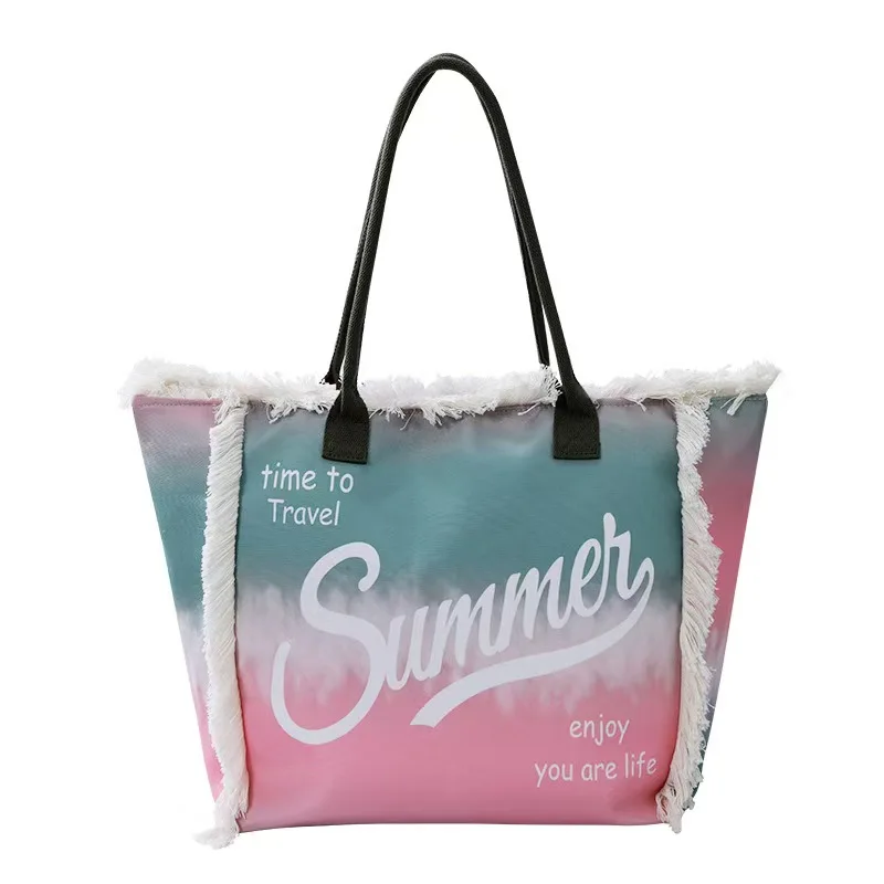 Large Capacity Cross-Border Tote Bag with Lace Tassel Fashion Printed Beach Bag Open Closure Canvas Straw Lining-in Stock Supply