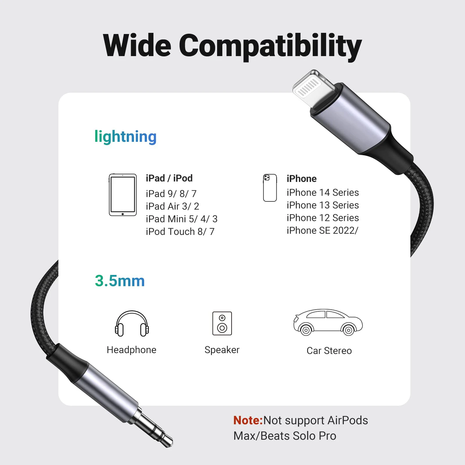 Aux Cord for iPhone Aux to Lightning Cable for Car Adapter 3.5mm Headphone Male Audio Jack Compatible with iPhone , 3.3FT