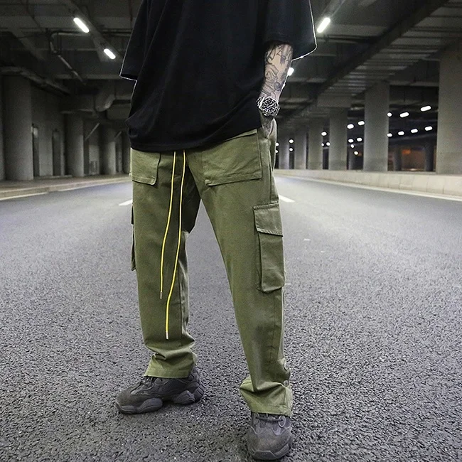 
stock multi pockets washed distressed trousers men plain color elastic drawstring cargo pants side button casual wear custom 
