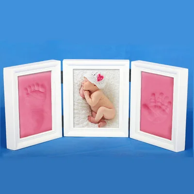 Baby Souvenirs Hand And Foot Print Mud Baby Birth Gift Solid Wood Tri-Fold Photo Frame