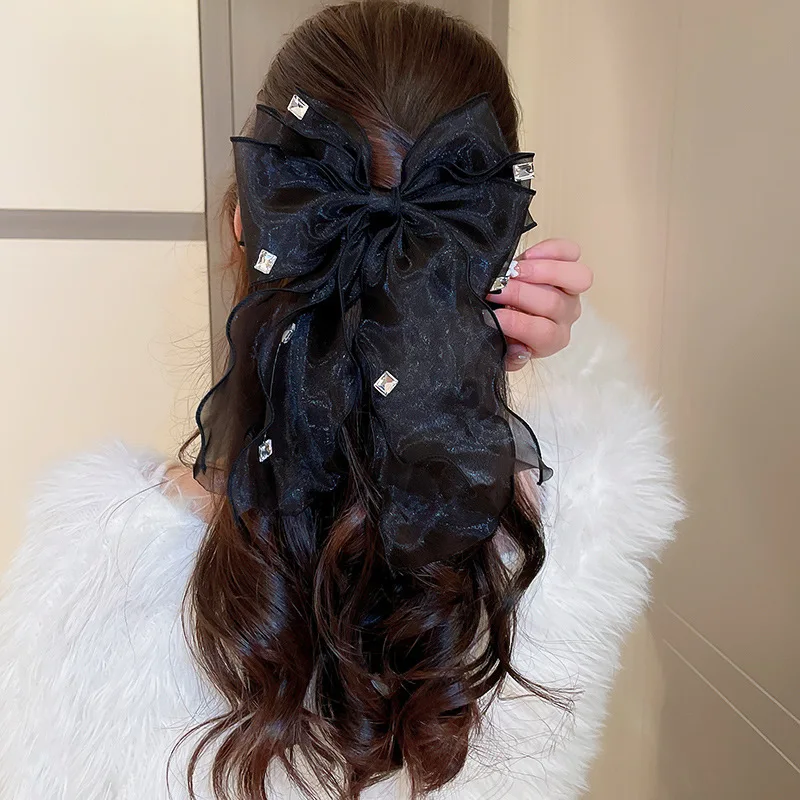 Newest Design Fashion Mesh Large Bow Diamond Ribbon Metal Word Clip Back Head Spring Hair Claw Clips For Women