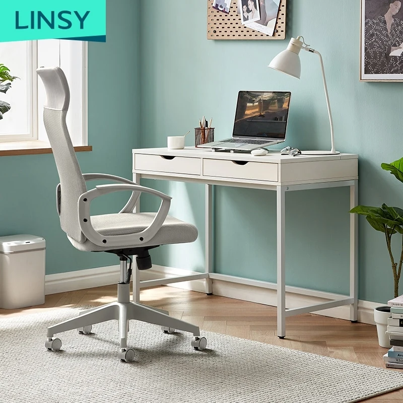 LINSY Computer desk with 2 drawer study table desk computer white writing desk