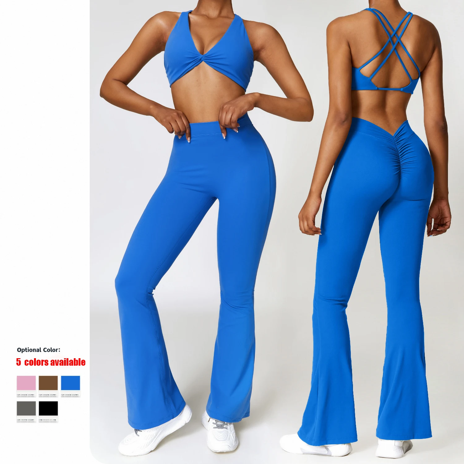 Custom Logo Nude Sexy Fitness Sanding Skin Friendly Crossover Strap Bra V Waist Peach Hip Wide Leg Bell-bottoms Yoga Set