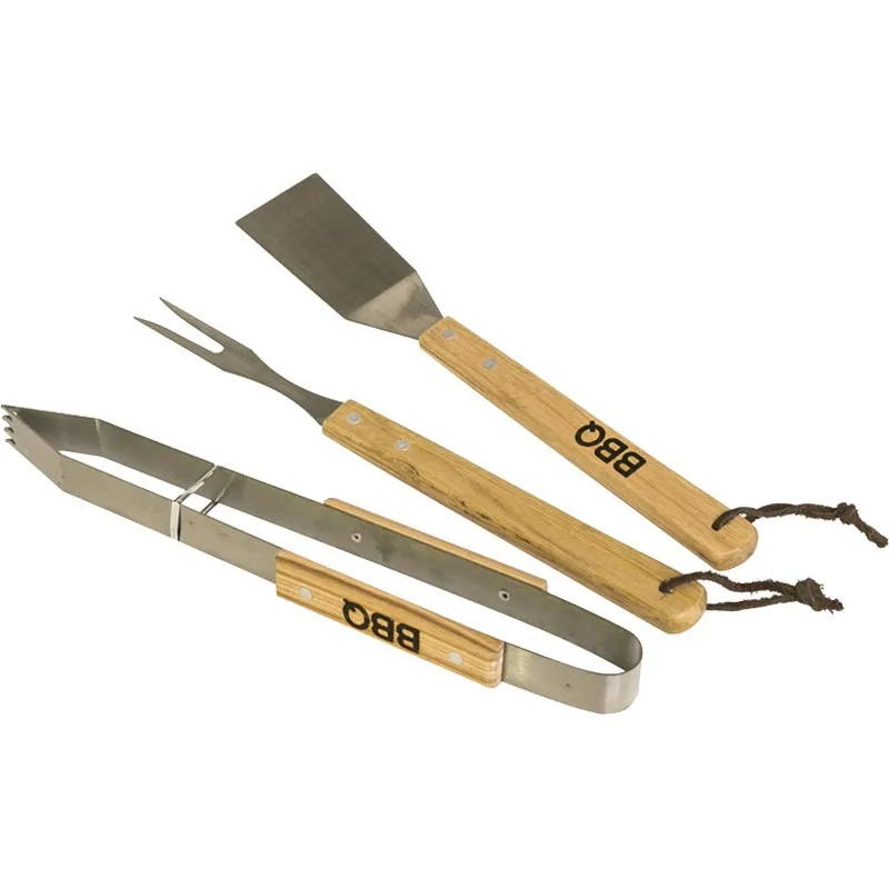 
3pcs Solid Wood Handle Stainless Steel BBQ Tool Set with a Bottle Opener at the Tail Part of the Spatula 